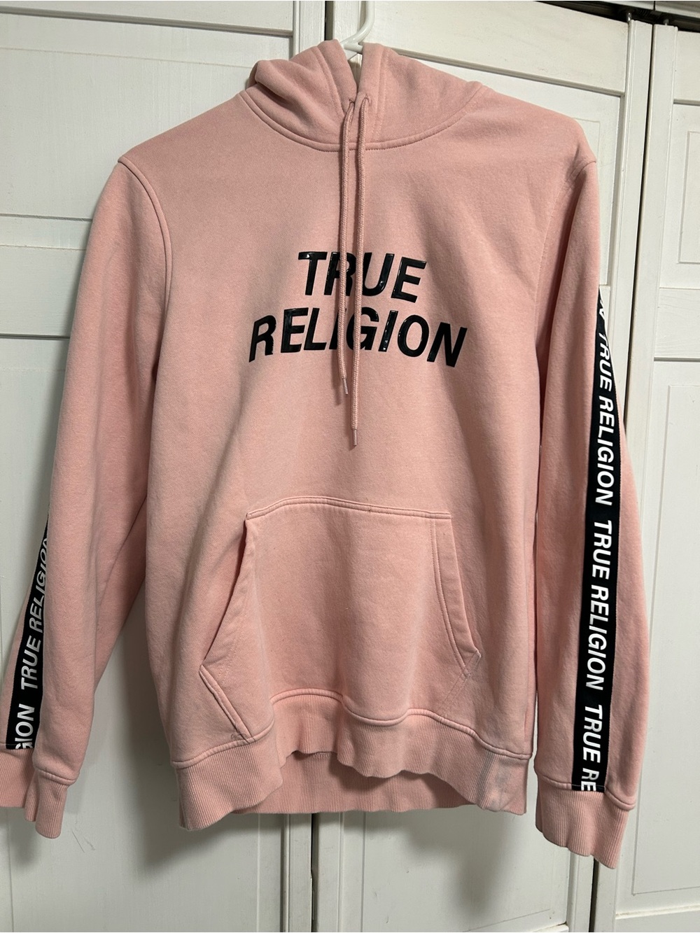 True Religion Women’s Light Pink Crewneck Hoodie with Logo Tape-Sz small
